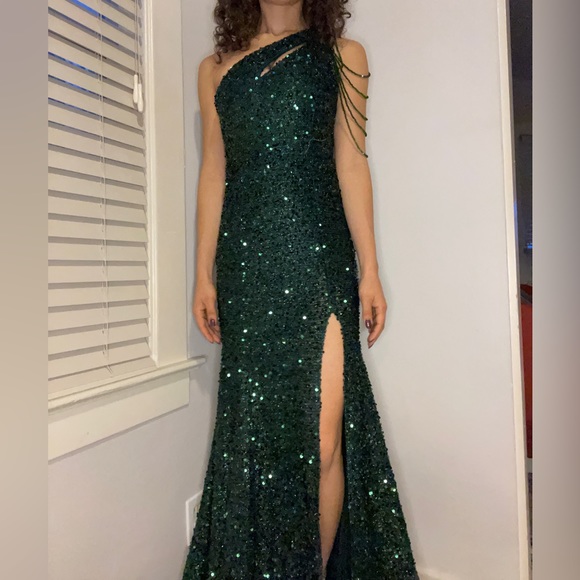 Green sequin side slit one shoulder dress - Picture 2 of 7